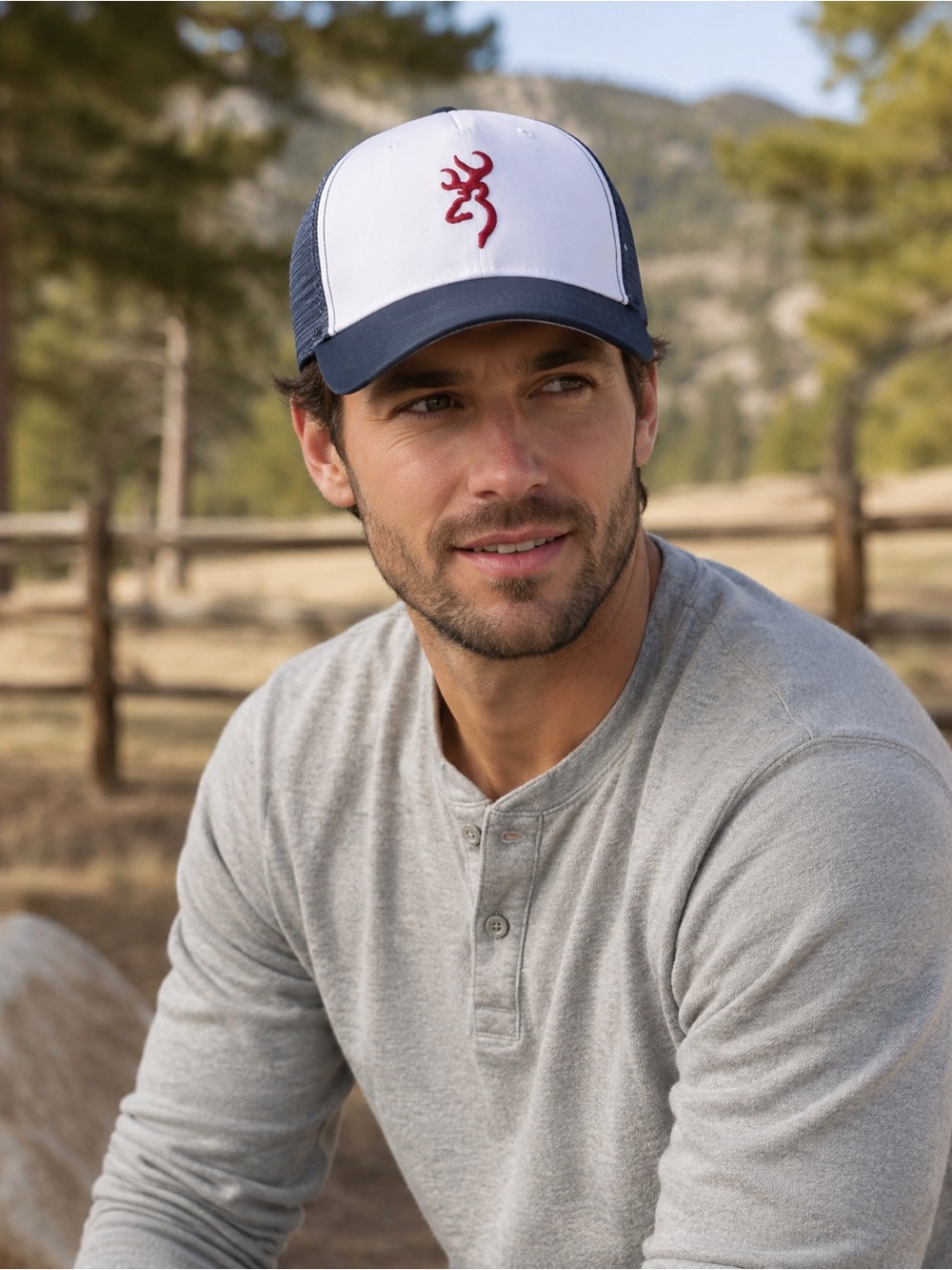 Browning Buckmark American Flag Mesh Trucker Hat Navy White Snapback